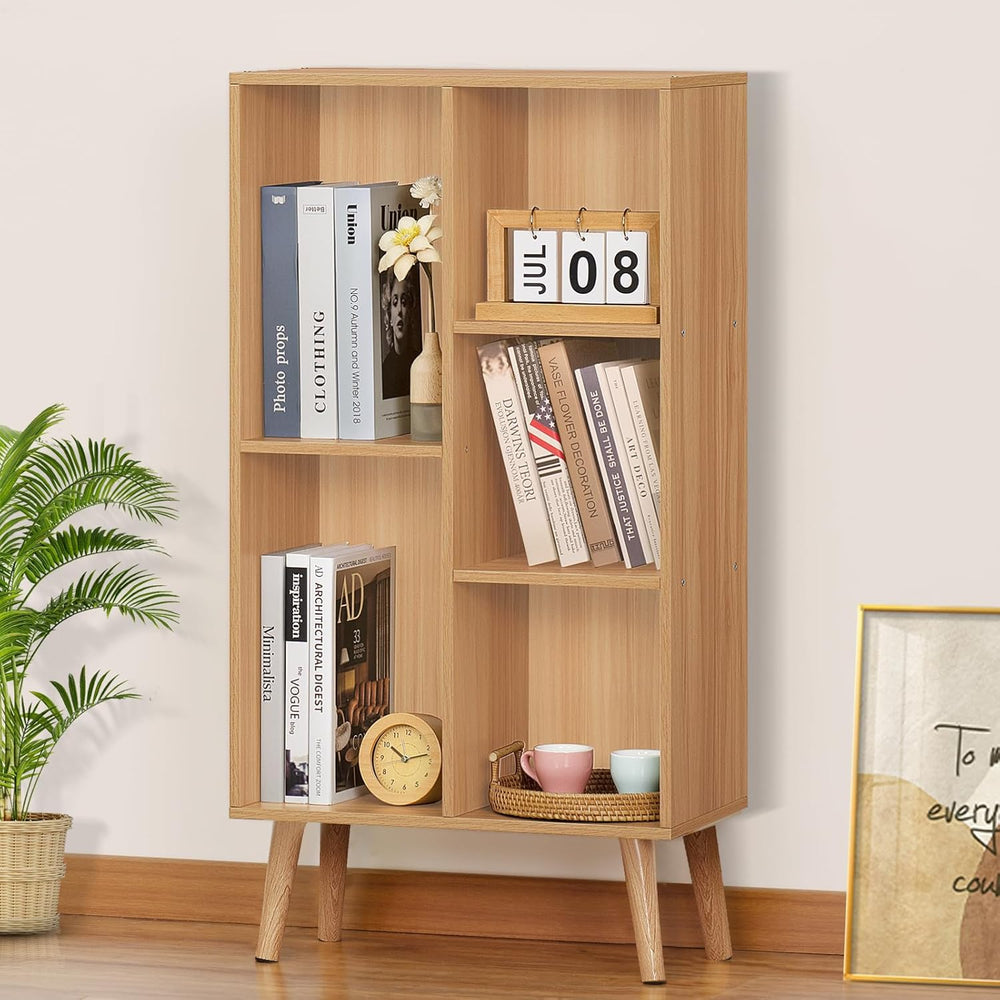 LEYAOYAO Wooden 5 Cube Bookshelf, Natural 3 Tier Book Shelf with Legs, Modern...