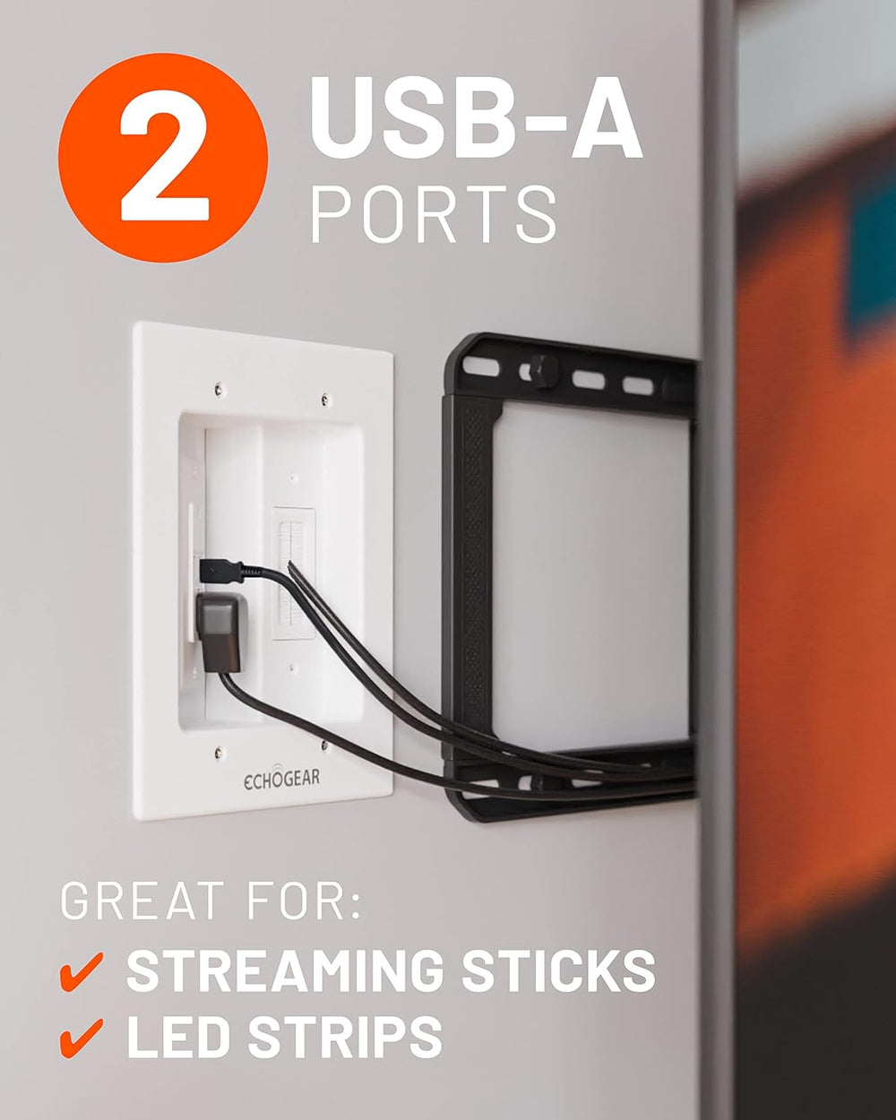 ECHOGEAR TV Cord Hider for Wall Mounted TV with 2X AC Outlets & 2X USB-A ...