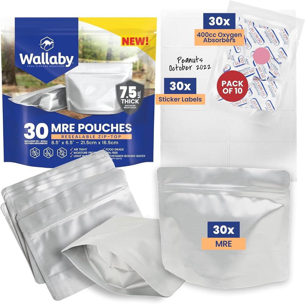 Wallaby MRE Meal 15 Mil Gusset Mylar Bags, Oxygen Absorbers (30-Pack)