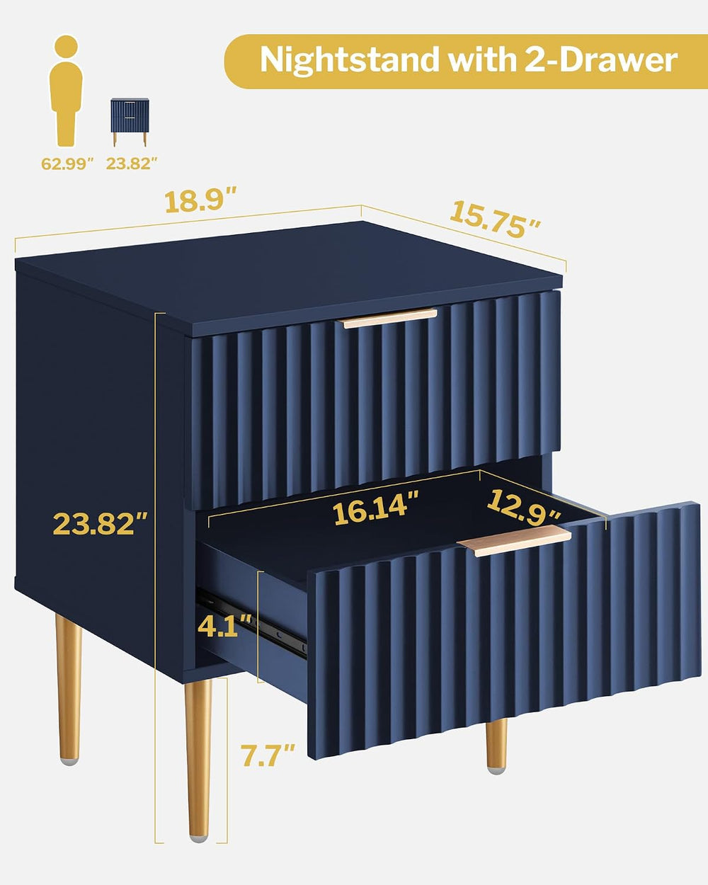 SICOTAS Night Stand Set 2, Fluted Glossy Nightstands Set of 2 with Drawers | ...