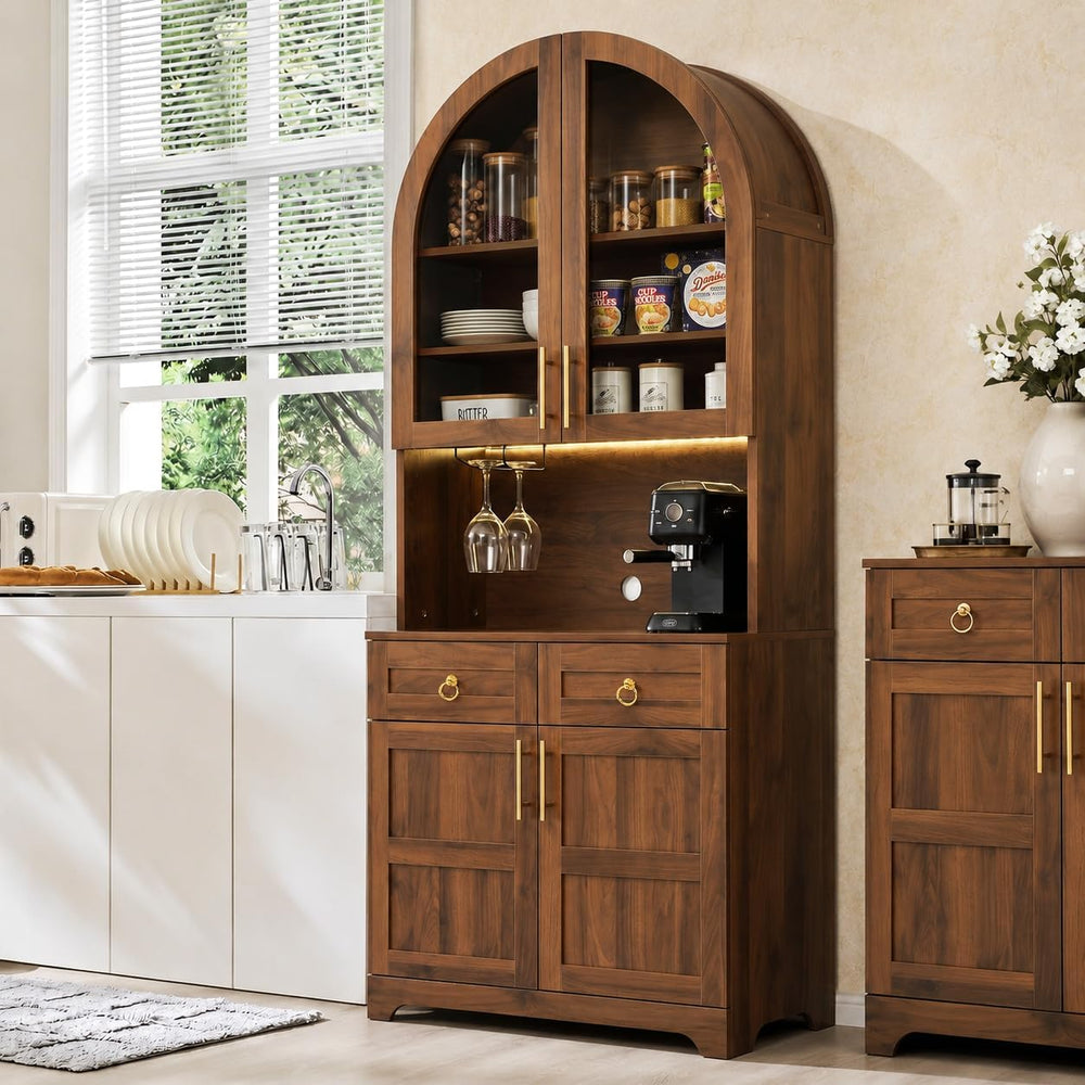 Merax 74.8'' Tall Arched Kitchen Pantry Cabinet, Mid-Century Modern K...