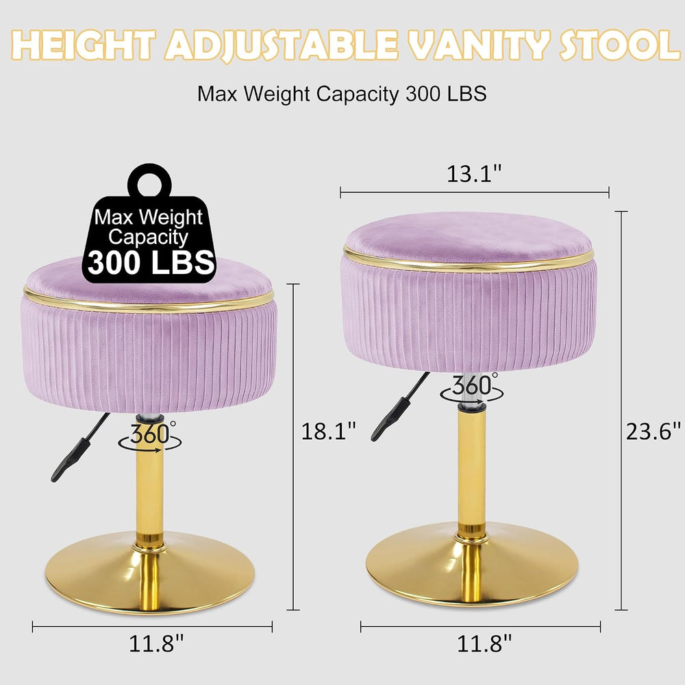 Adjustable Vanity Stool, Velvet Makeup Stool with Storage Purple | Small Vani...