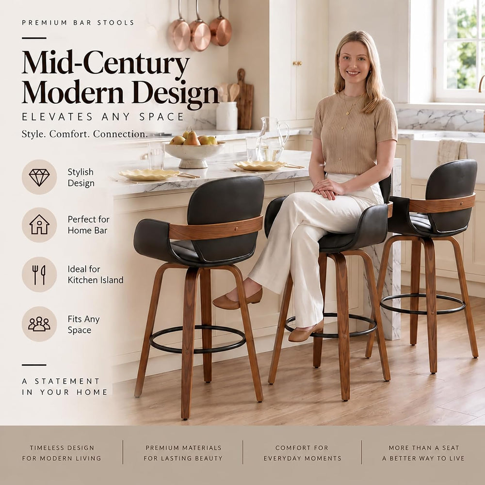 Mid Century Modern Bar Stools, Bar Height Stools with Walnut Finish