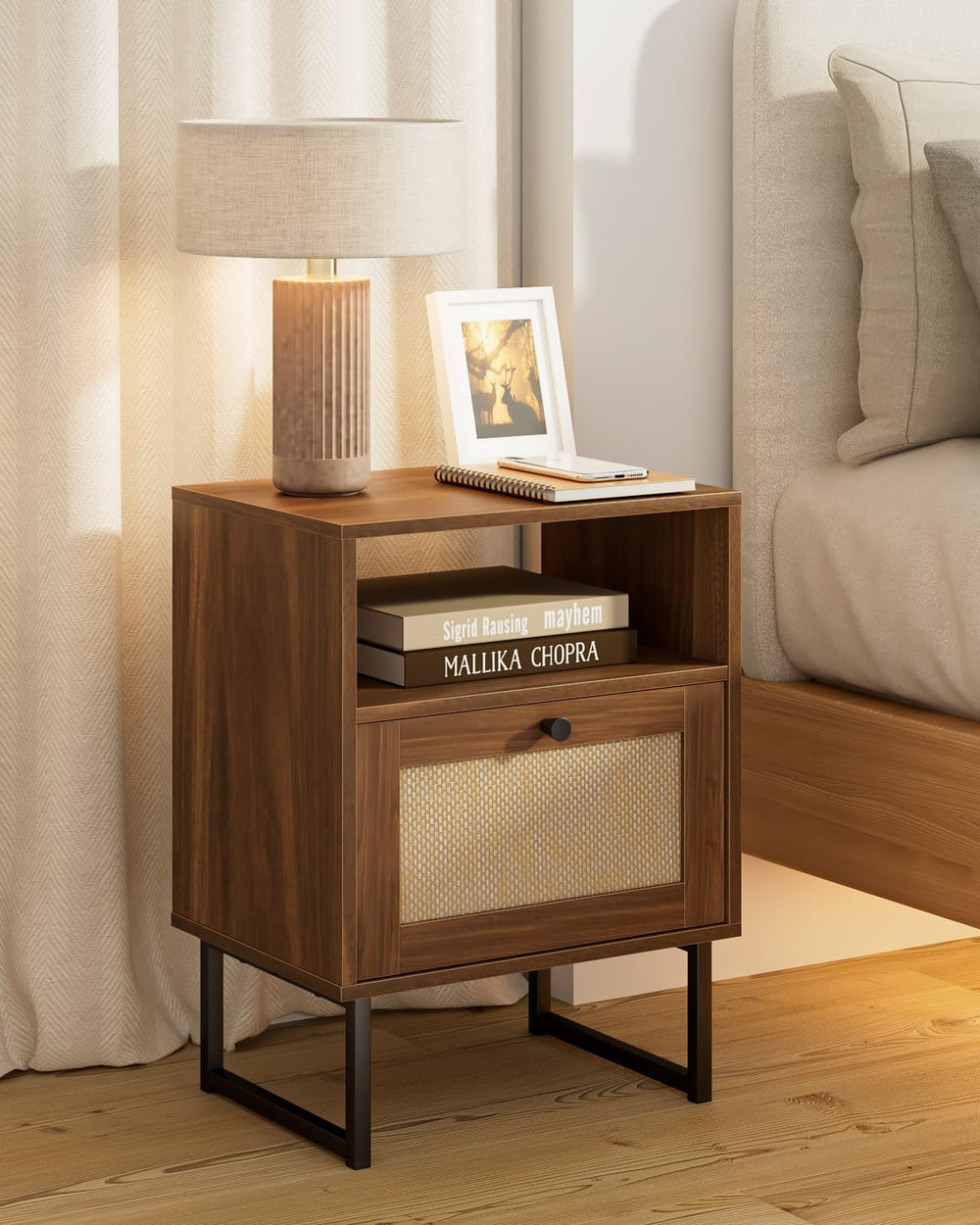 Rattan Nightstand, Boho Night Stand Farmhouse Wood Bedside Table with Storage...