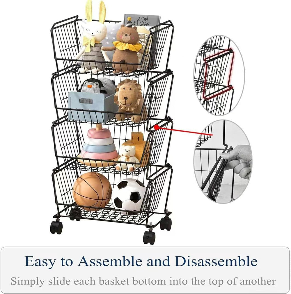 PUSDON 4-Tier Spacious Stackable Wire Storage Baskets with Wheels, Metal Roll...