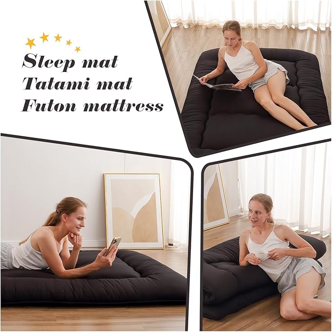 Japanese Floor Mattress, Futon Mattress with Portable Storage Bag and Washabl...