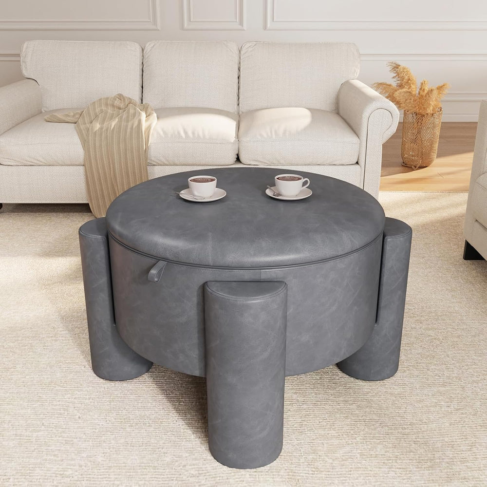 FiveWillowise 24 Inch Round Small Ottoman with Storage,Faux Leather | 24"...