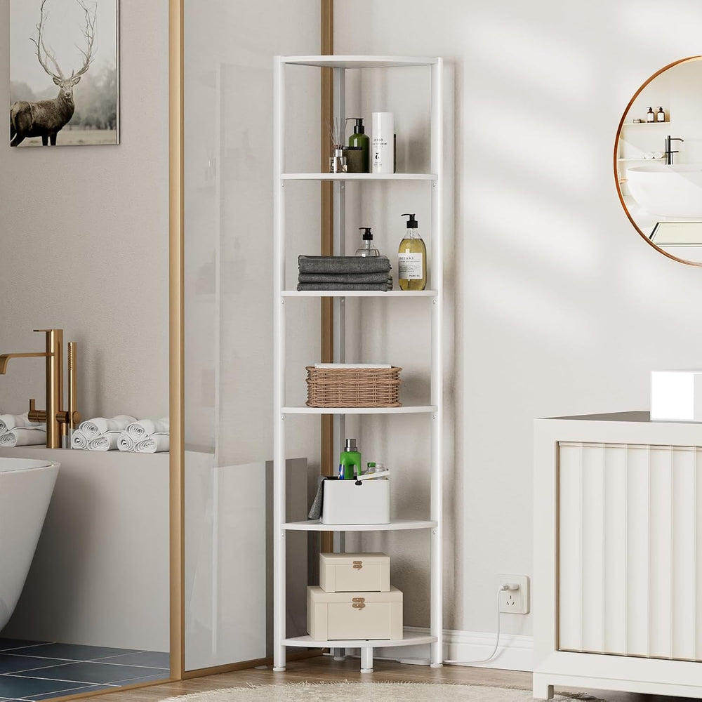 Furnulem 6 Tier Corner Shelf with LED Light, 67.5" White Narrow Bookshel...