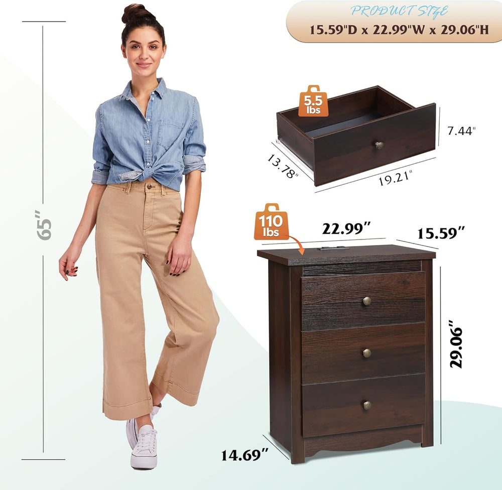 WLIVE Tall Nightstand with Charging Station, Wood Night Stand with 3 Drawers ...