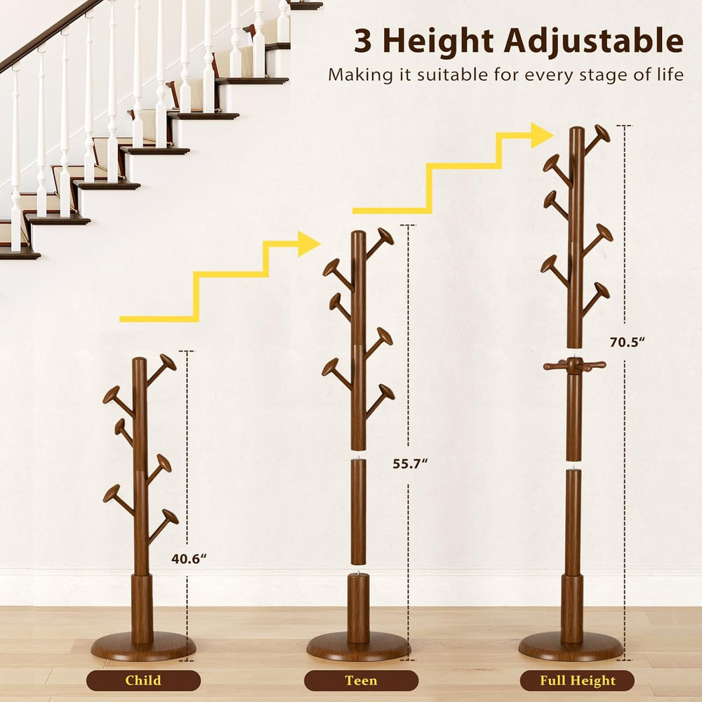 Solid Wooden Coat Rack Stand Freestanding Hall Tree with 10 Hooks