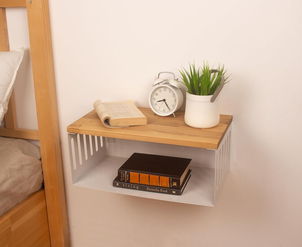 Floating Nightstand with White Metal Base, Wooden Top and Sturdy Metal Base, ...