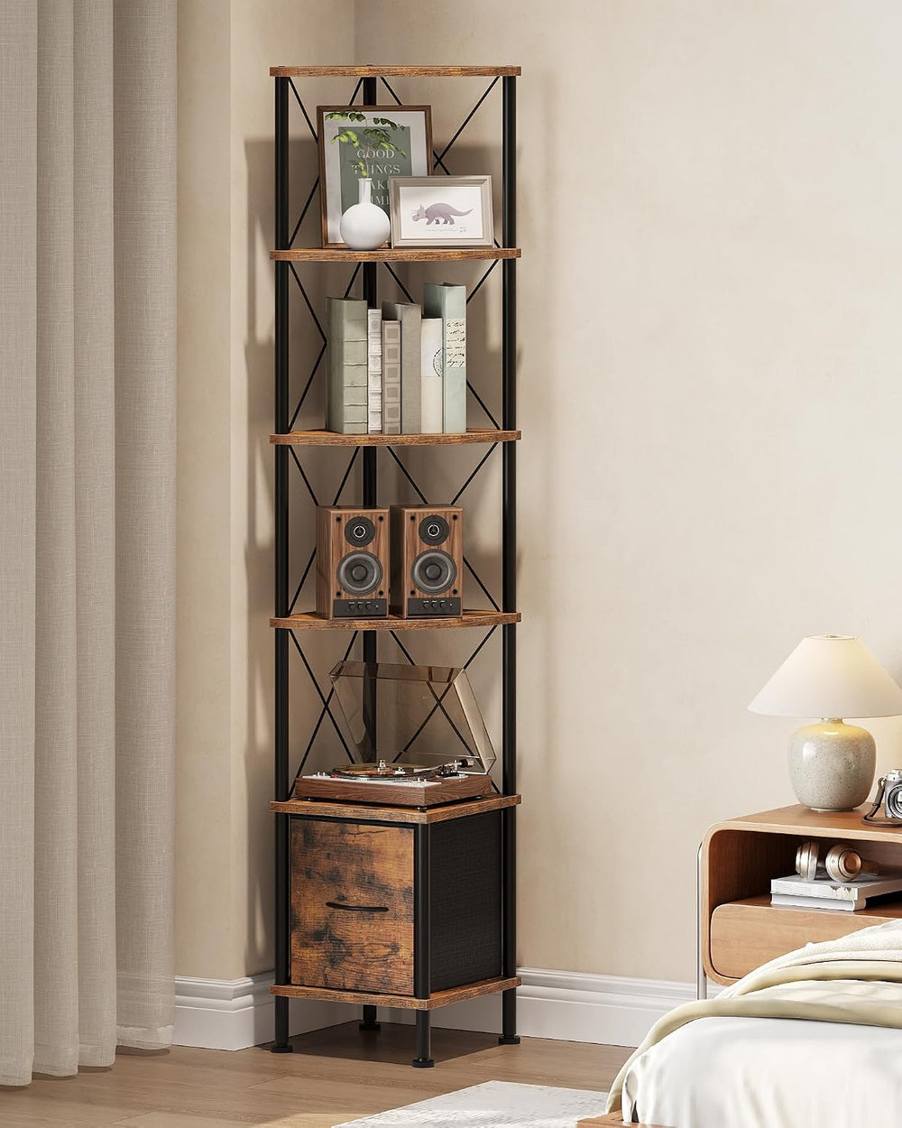 CHOEZON Corner Shelf with Drawer, Narrow Corner Bookshelf, Standing Bookcase,...