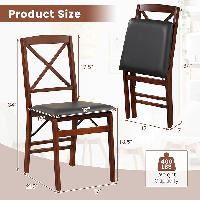 Giantex Folding Dining Chairs Set of 2, Foldable Wood Kitchen Chairs with Pad...