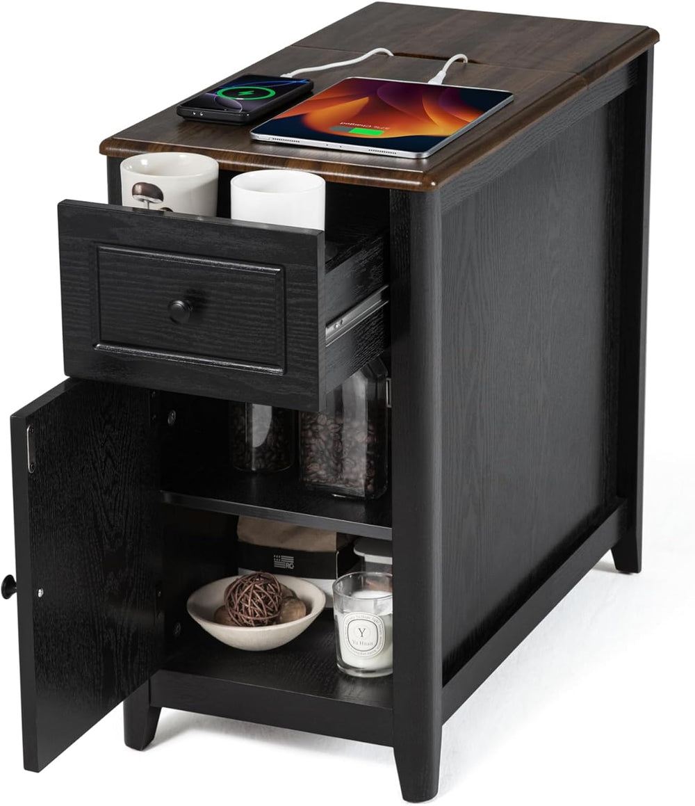 Farmhouse End Table with Charging Station, USB-C, Narrow Side Table with Stor...