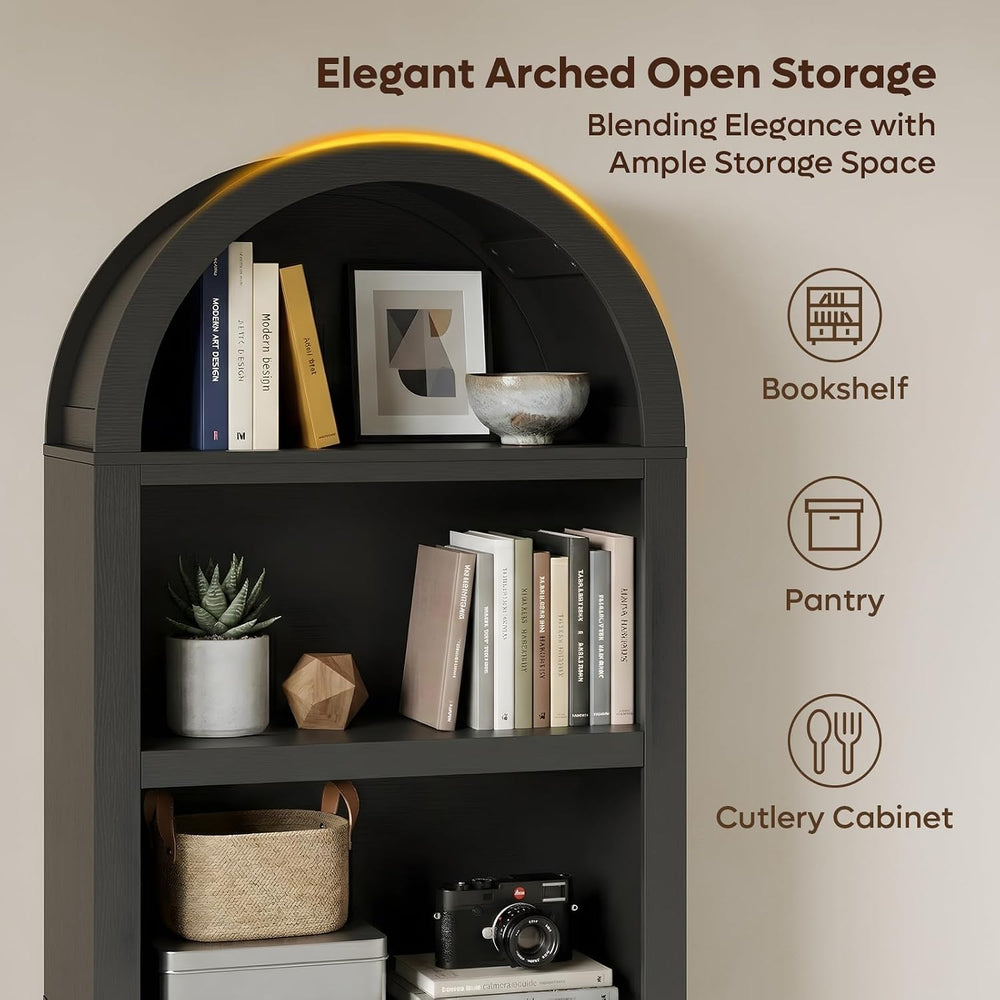 Bestier 76" Tall Arched Bookshelf with Adjustable 2 Book Shelves, Black Oak