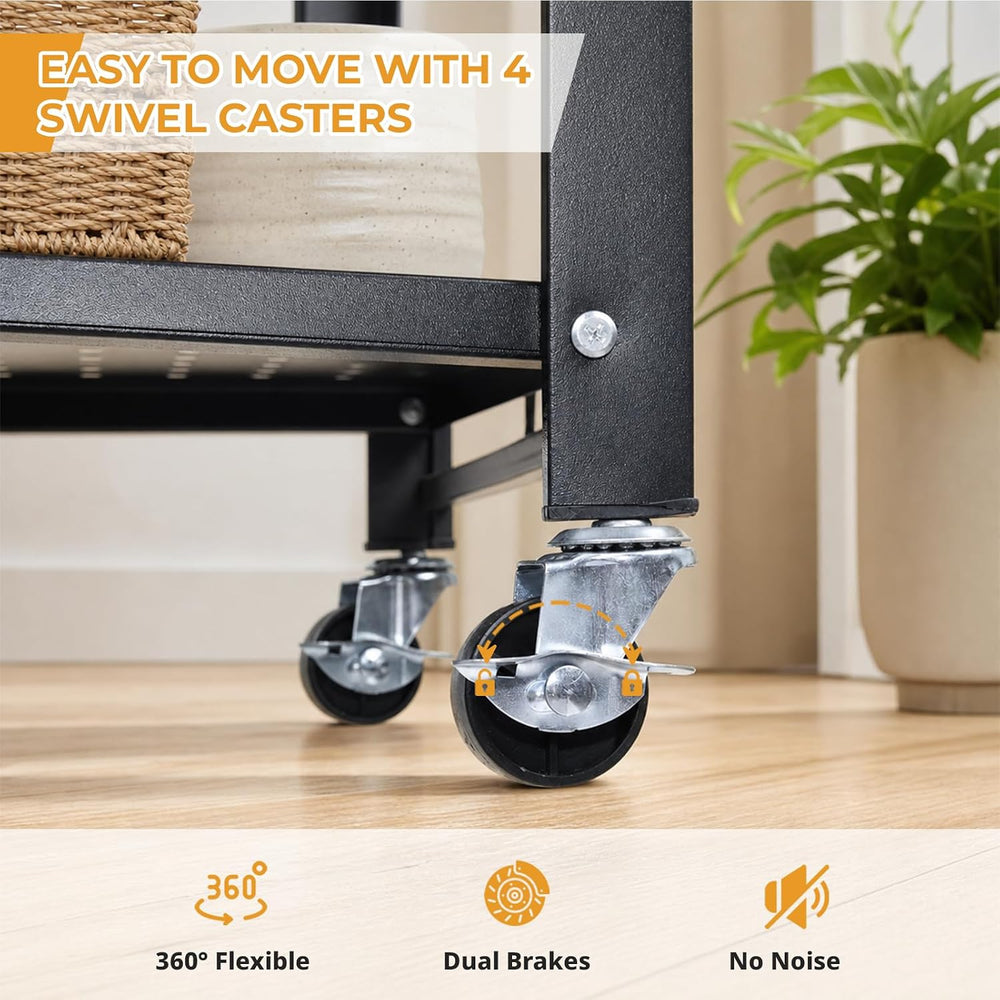 5 Tier Foldable Storage Shelf with Wheels, Heavy Duty Metal Rolling Shelf Rac...