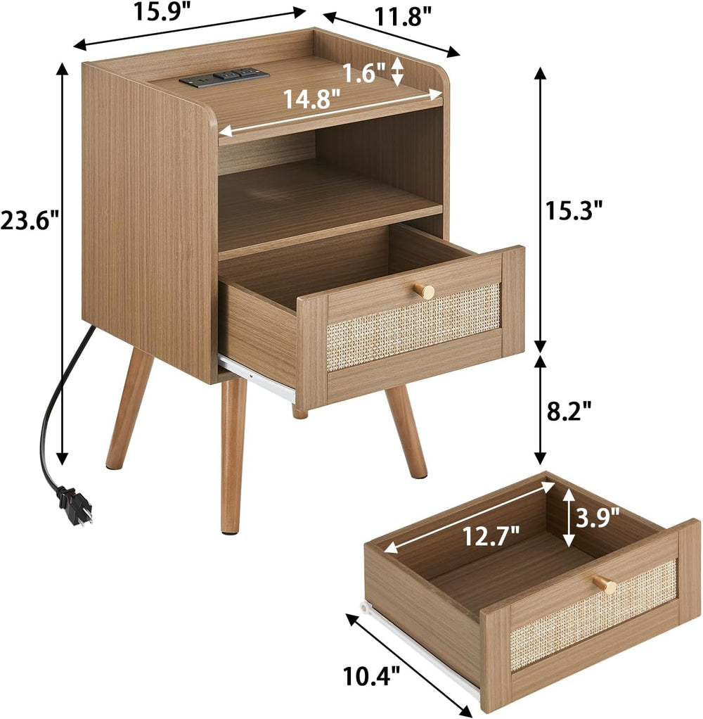 MECHYIN Night Stand Set 2, Nightstands Set of 2 with Charging Station, Rattan...