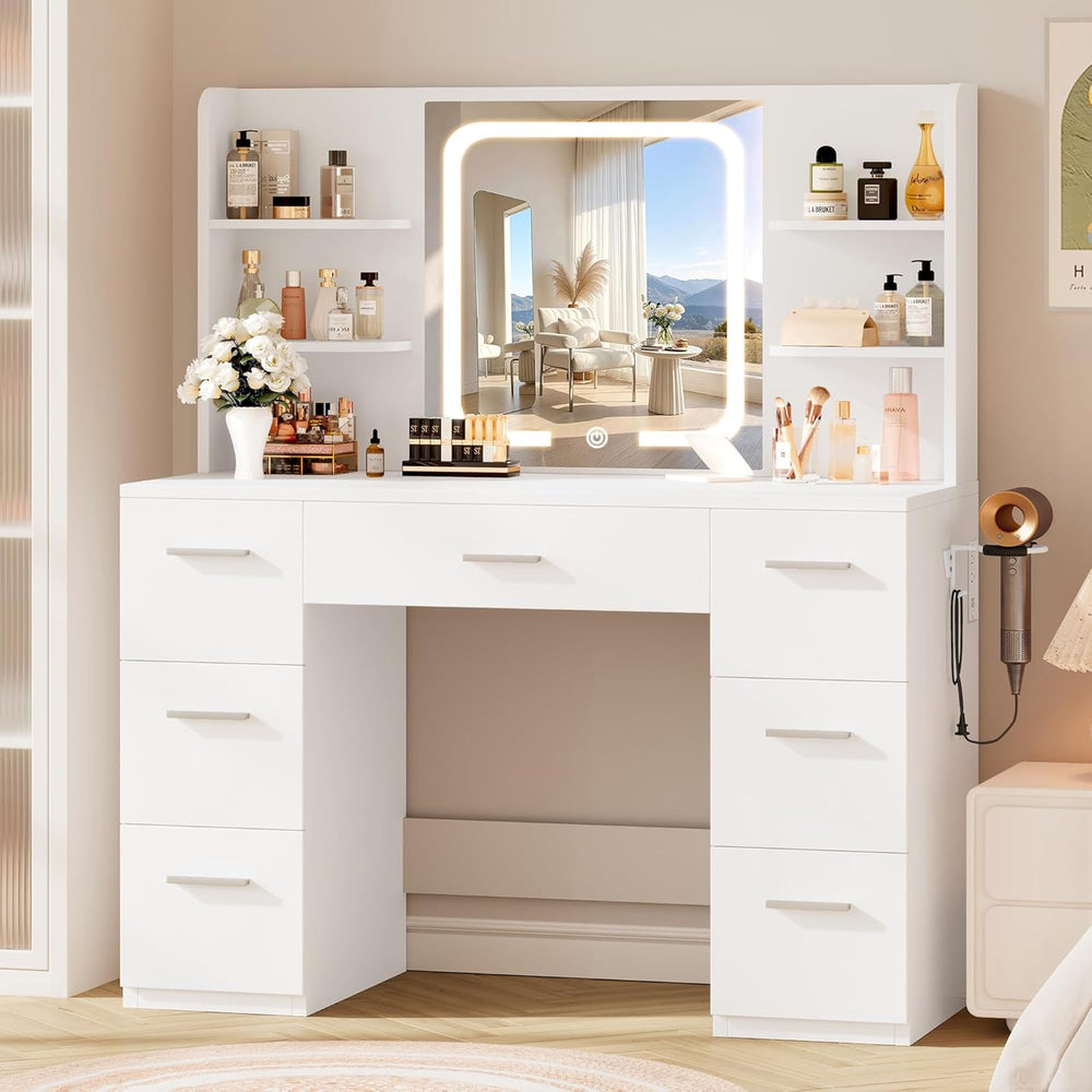 LIVELYGLOW 43" Large White Makeup Vanity Desk with Charging Station | Sm...