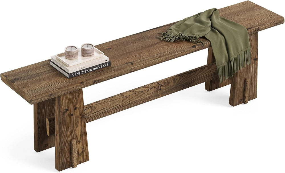 LITTLE TREE 59" Solid Wood Bench, Farmhouse Entryway Bench, Long Retro B...