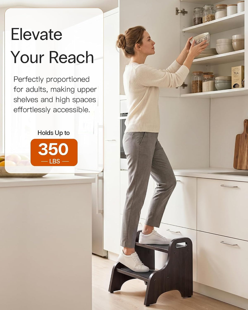 StrongTek Wooden 2 Step Stool, 350 lb Capacity, Non-Slip, Espresso | Wide Non...