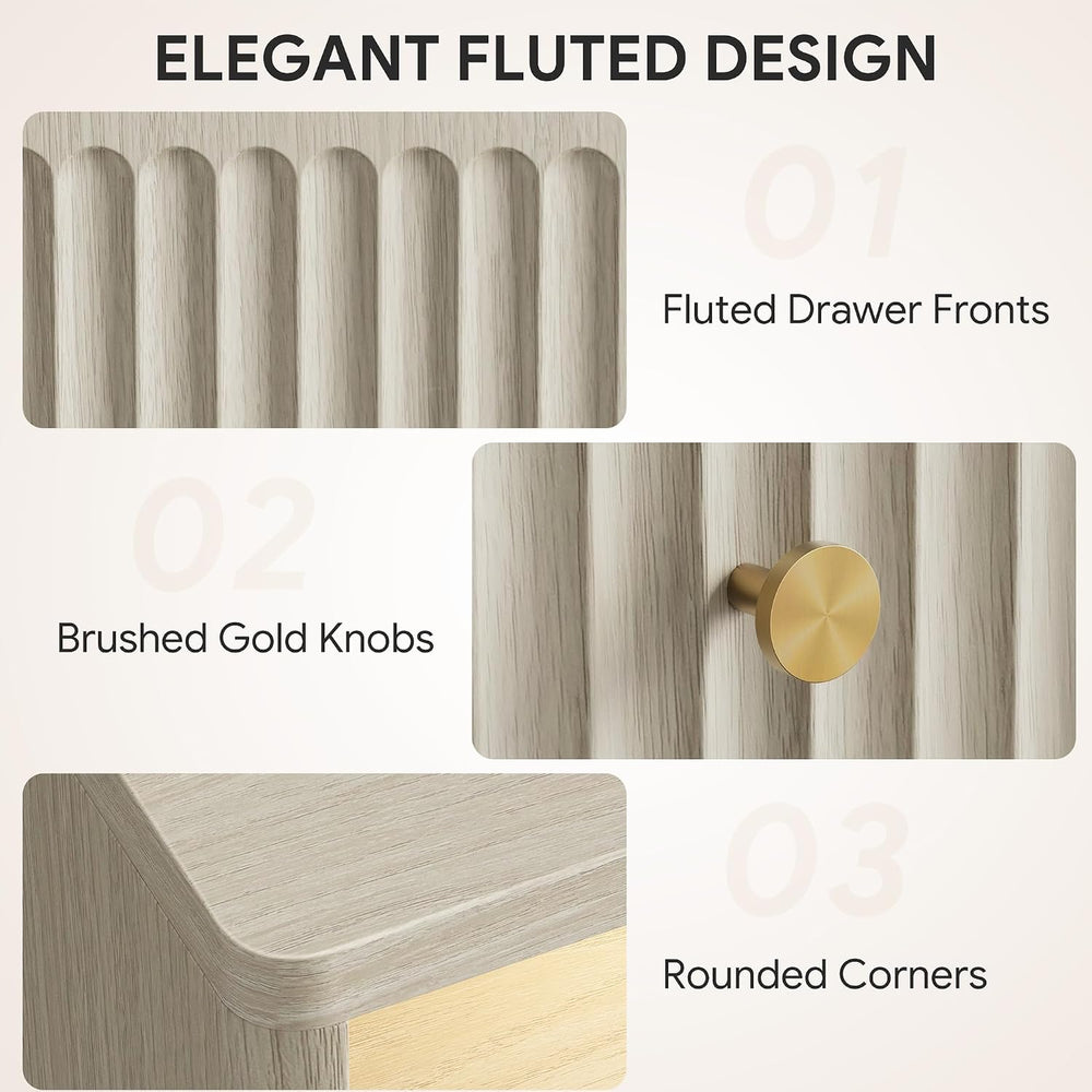PAPROOS 23'' Fluted Nightstand Set of 2 with Charging Station, Modern...