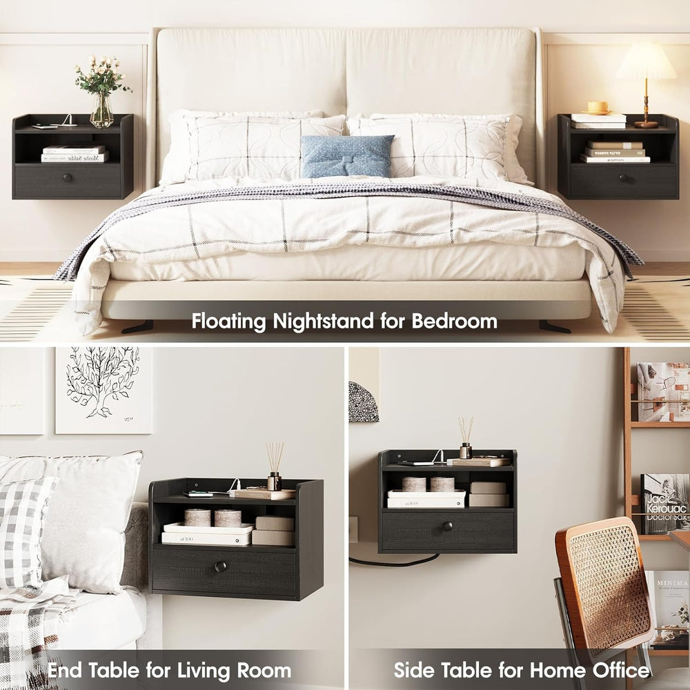 Floating Nightstand Set of 2 Modern Night Stands with Drawer and Open Shelf |...