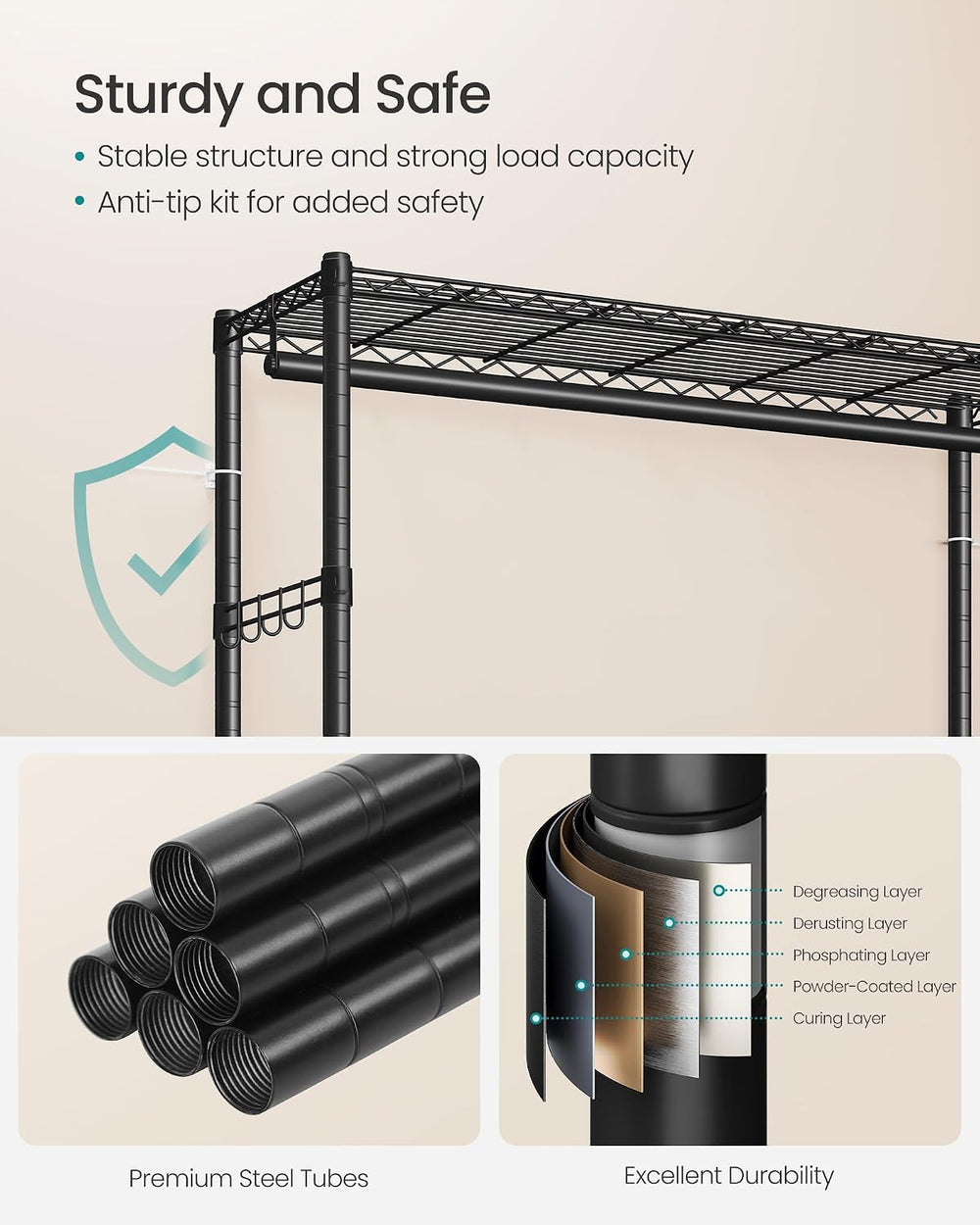 SONGMICS Heavy-Duty Clothes Rack, Portable Closet on Wheels, Garment Rack