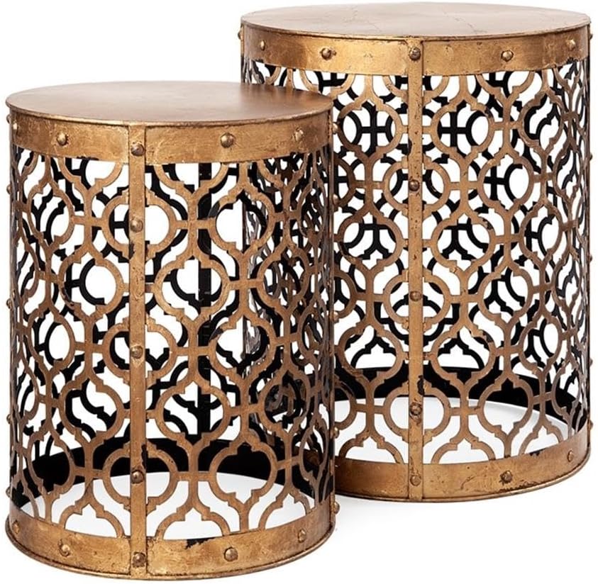 Pemberly Row Gold Cylindrical Metal Accent Tables, Set of 2, 16x15 in, Antiqu...