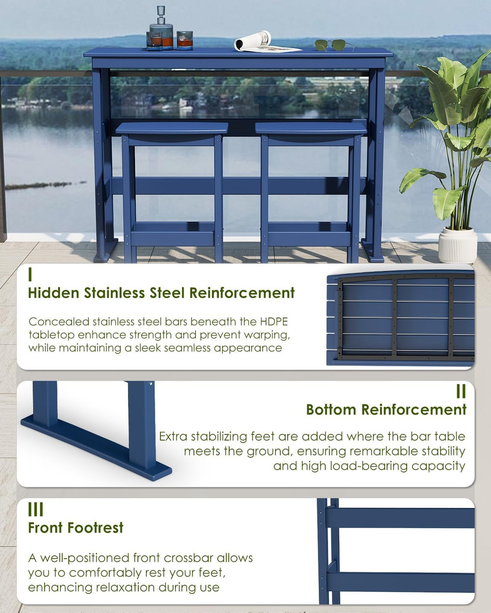 GREENVINES Outdoor Bar Set, HDPE, 3-Piece Patio Bar Table & Stools, Blue