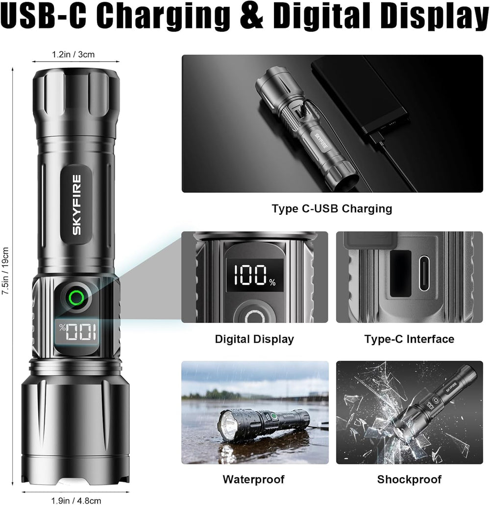 SKYFIRE Tactical Flashlight Rechargeable with Fire Starter, 2800 Lumens Super...