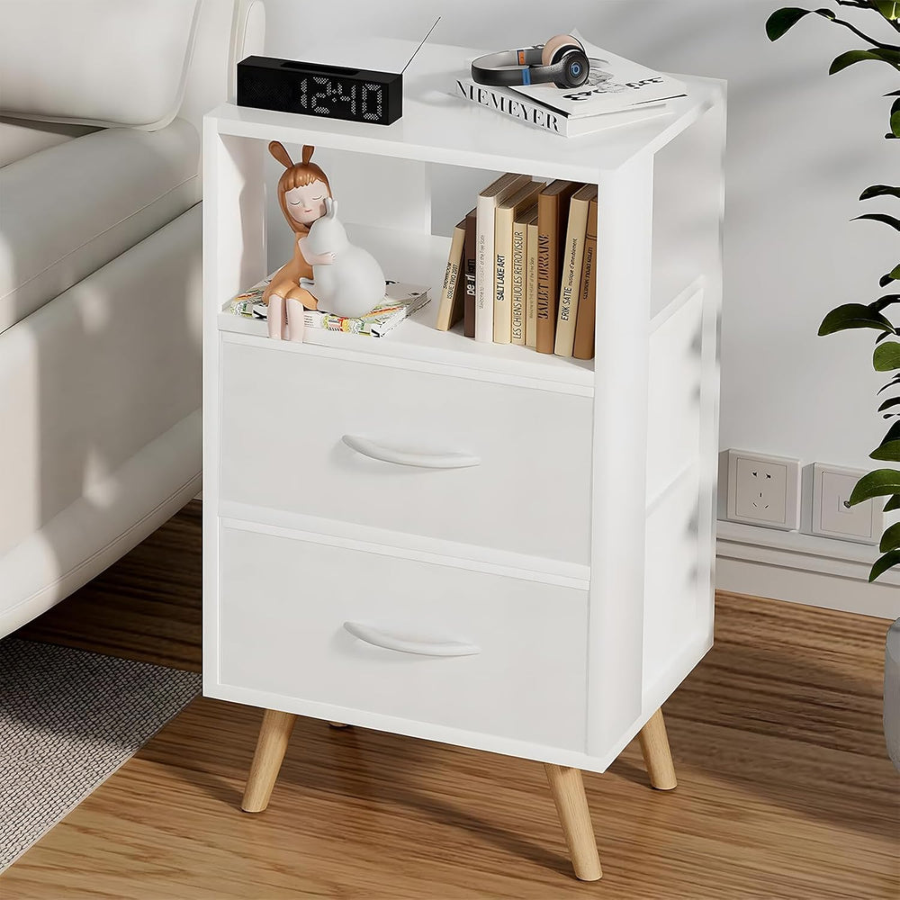 Aenuert Night Stand, White Nightstand with Fabric Drawers, Wooden Side Table ...