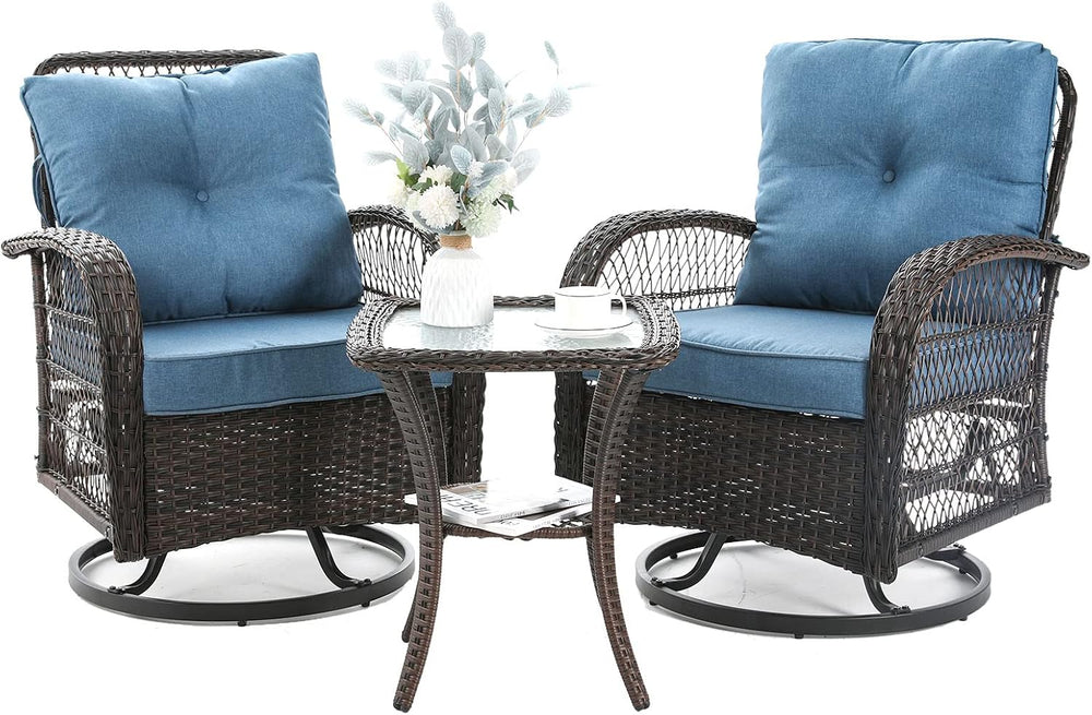 Patio Furniture Set 3 Pieces, Outdoor Swivel Glider Rocker Bistro Set, Blue