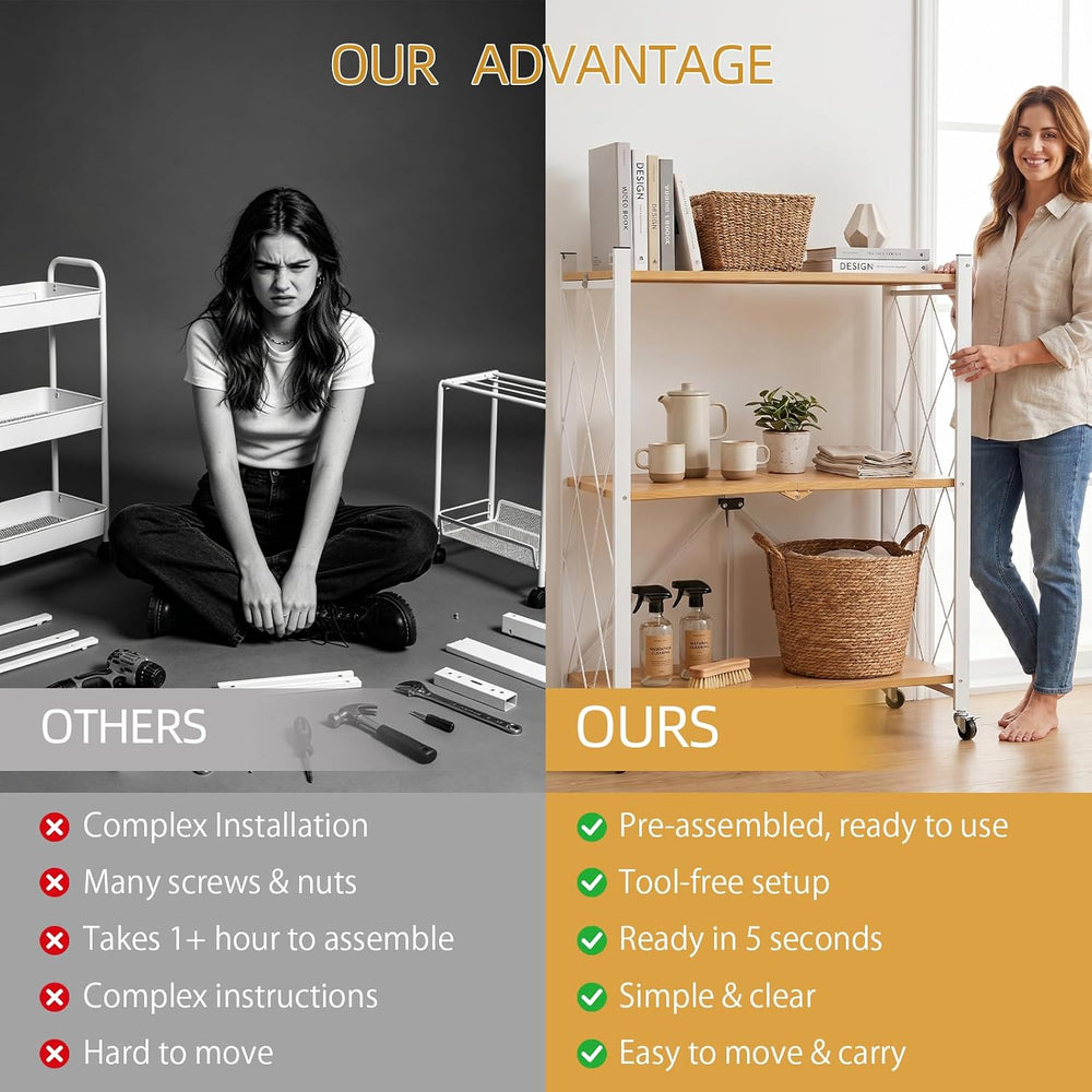 3-Tier Folding Storage Shelves with Wheels – No Assembly, Heavy Duty Collapsi...