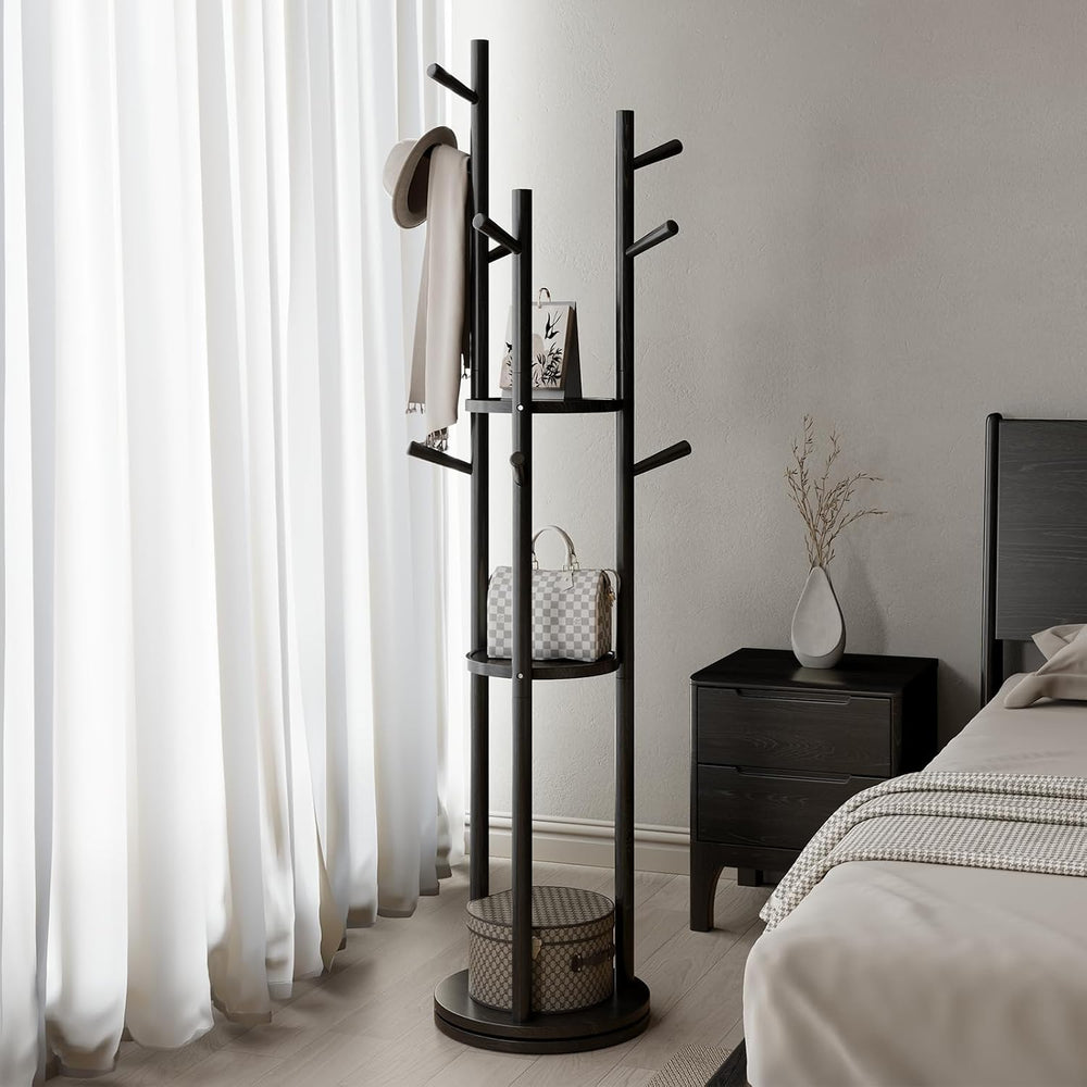 Muwuele Solid Wood Rotary Coat Rack, Freestanding Coat Rack with 3 Shelves an...