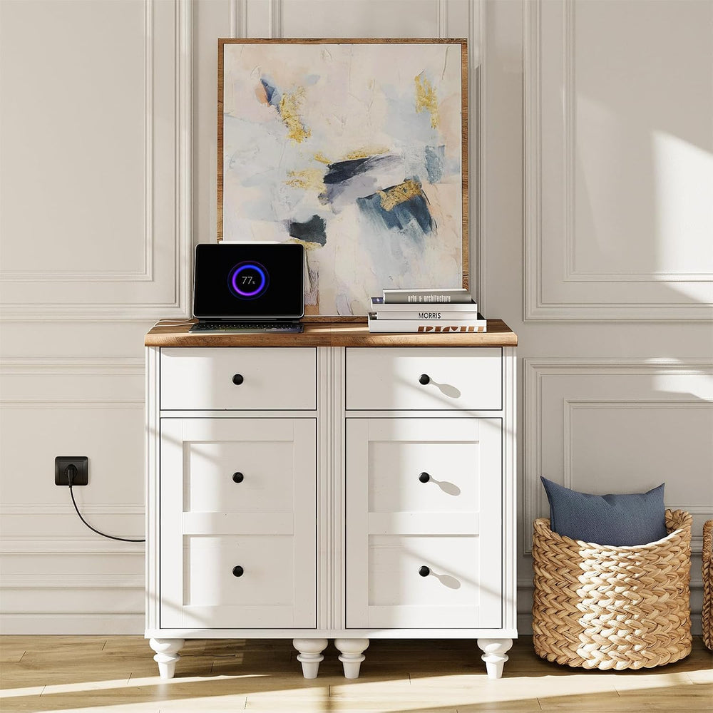 WAMPAT White End Table with Charging Station, Nightstand with Power Outlets &...