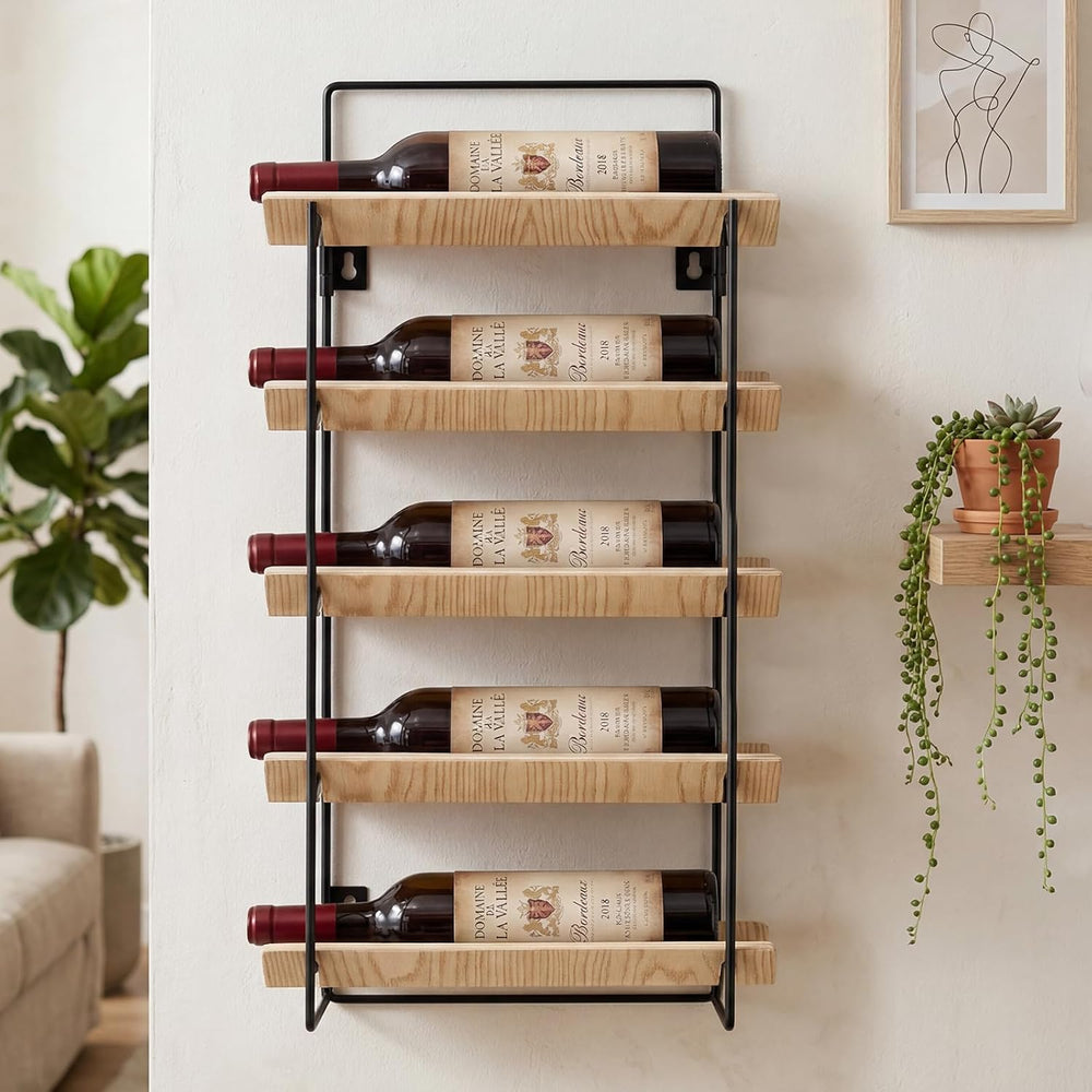 5-Tier Wood and Metal Wine Rack, Countertop & Wall Mounted Wine Holder wi...