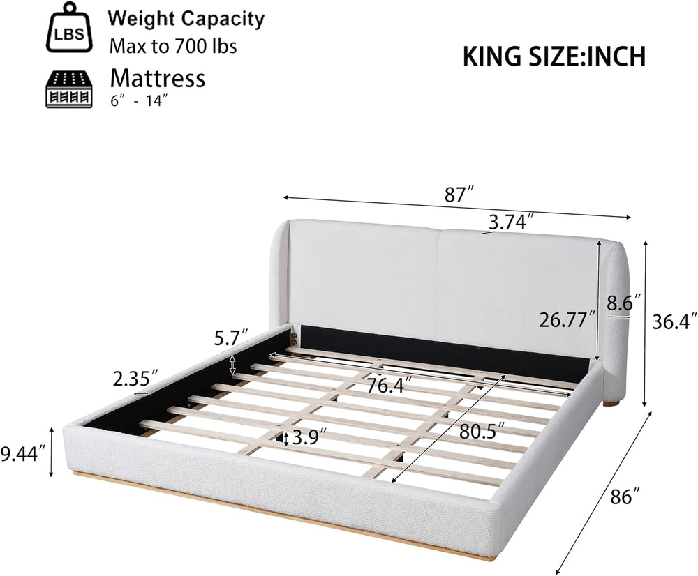 King Size Bed Frame, Rounded Wingback Headboard, Boucle Fabric