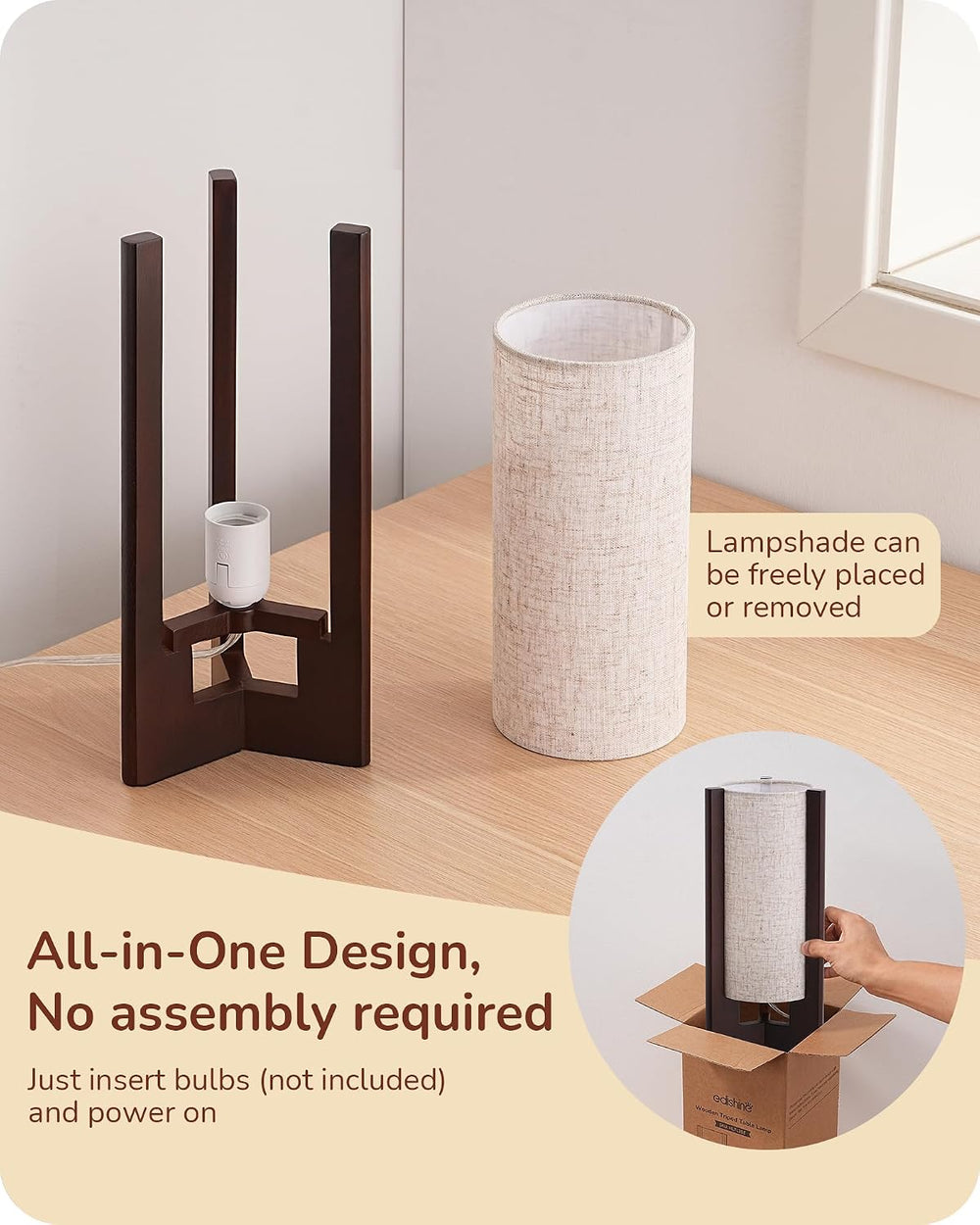 EDISHINE 13.5" Small Table Lamp, Walnut Wood Cylinder Lamp, E26 Base, 2Pack