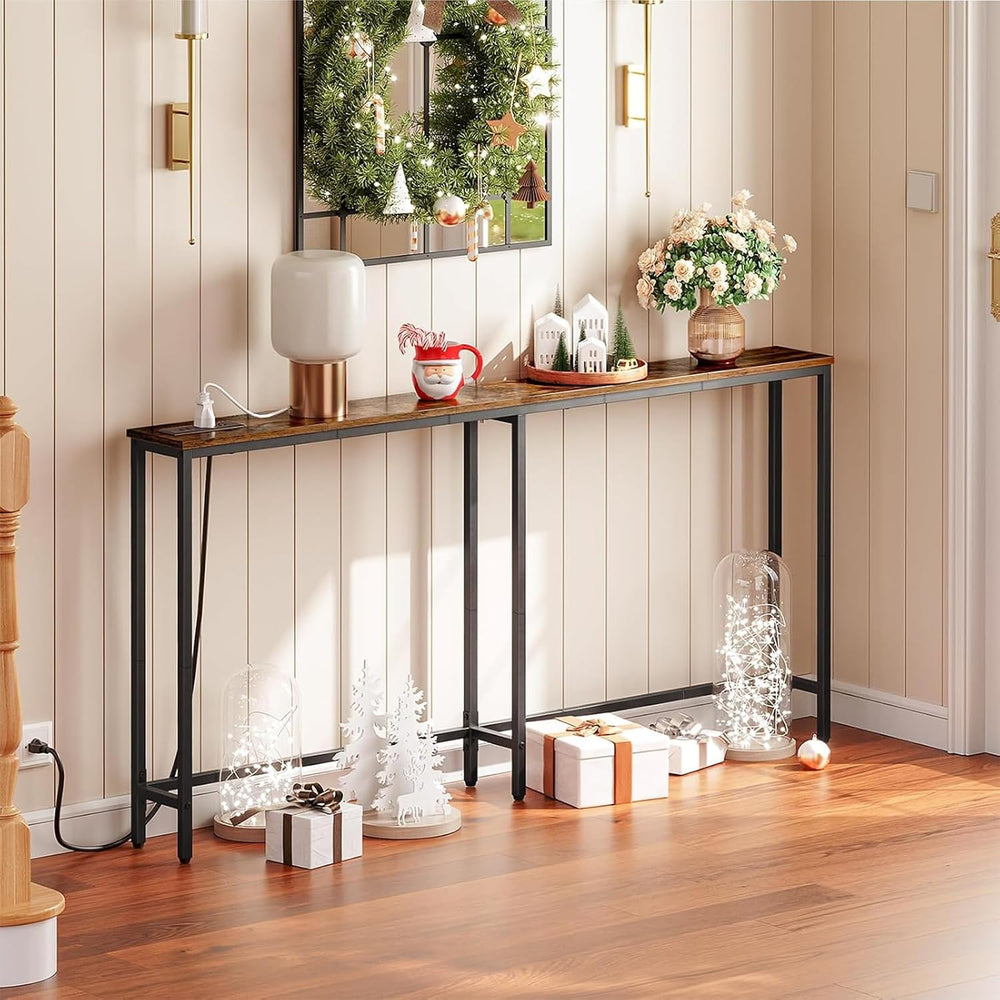 HOOBRO 63" Narrow Console Table with Charging Station, 5.9" Slim So...
