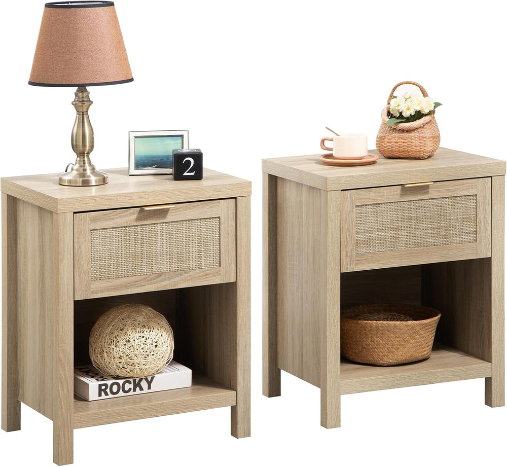 SICOTAS Nightstands Set of 2 Rattan Night Stand with Drawer | Farmhouse Bedsi...