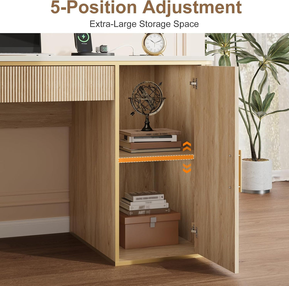 60" Fluted Computer Desk, Wooden Long Home Office Writing Desk with Draw...