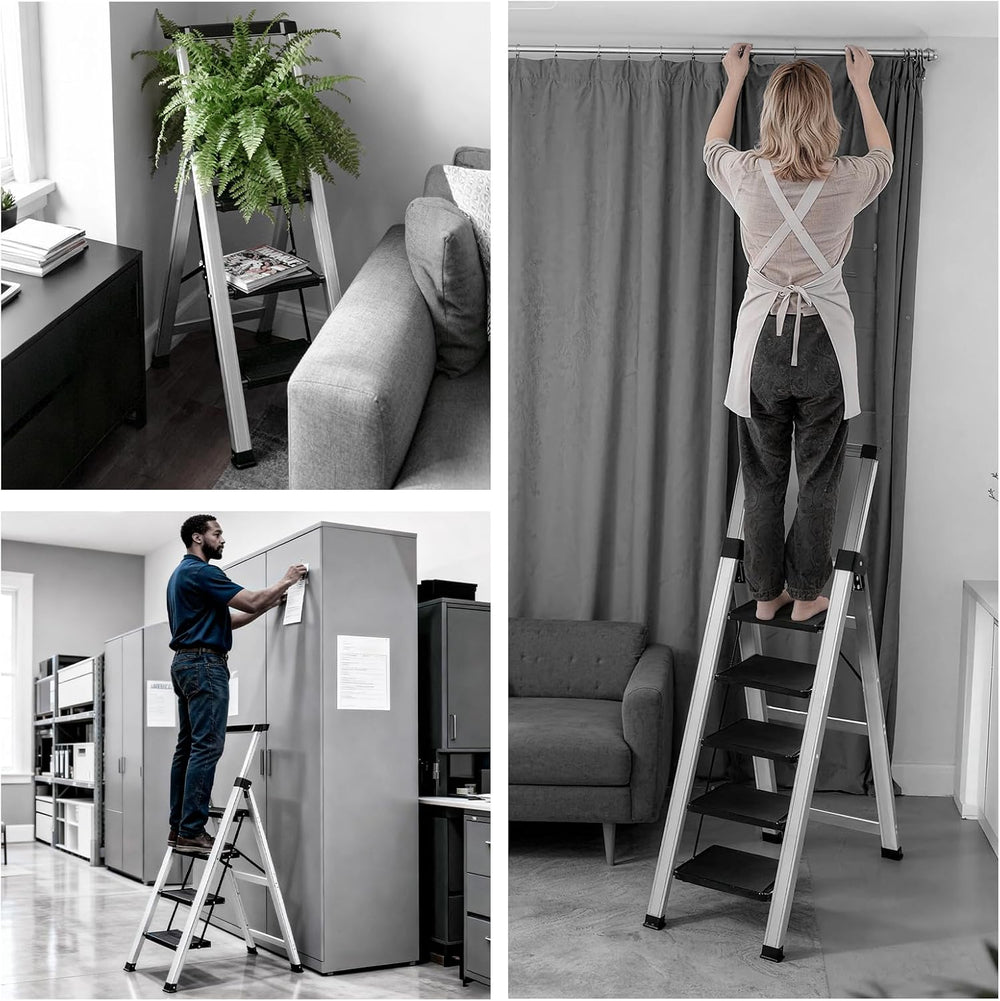 4 Step Ladder Folding Aluminum Stool Retractable Handrail