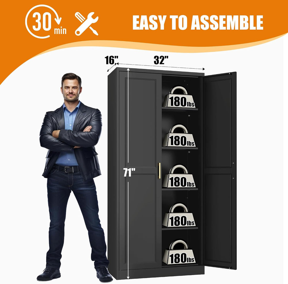 71" Tall Kitchen Storage Cabinet with Gold Handles, Metal Pantry Cabinet...
