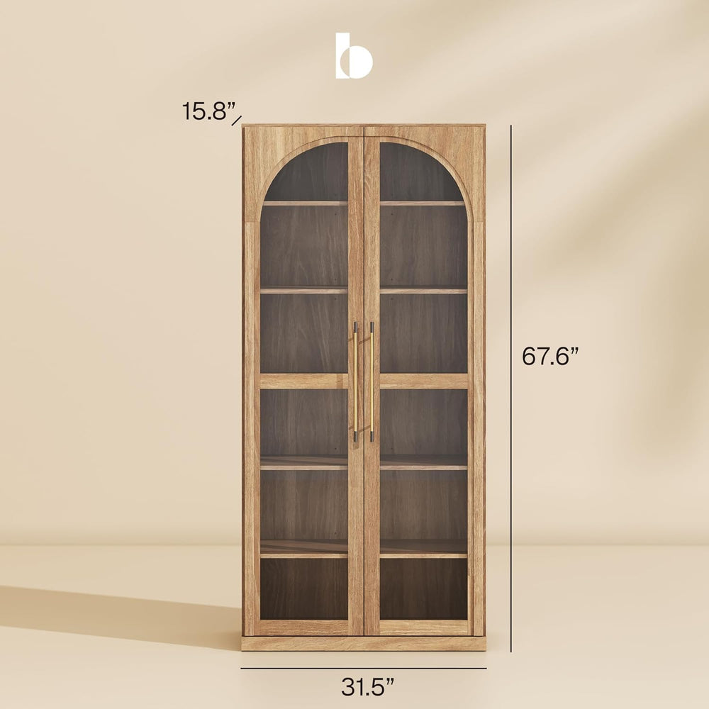 BELLEZE 67" Tall Glass Display Cabinet, Modern Wood Curio Cabinet Bookca...