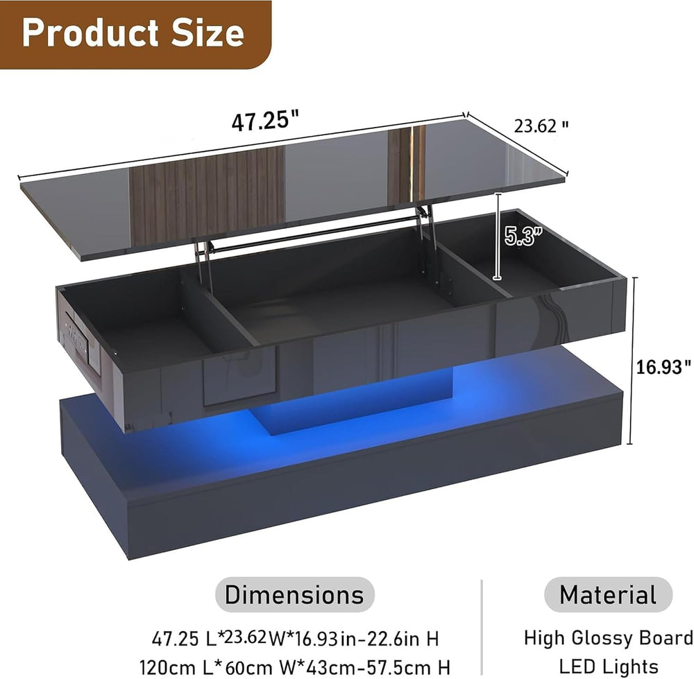 47.2" Large Lift Top Coffee Table,Modern High Glossy LED Coffee Tables f...