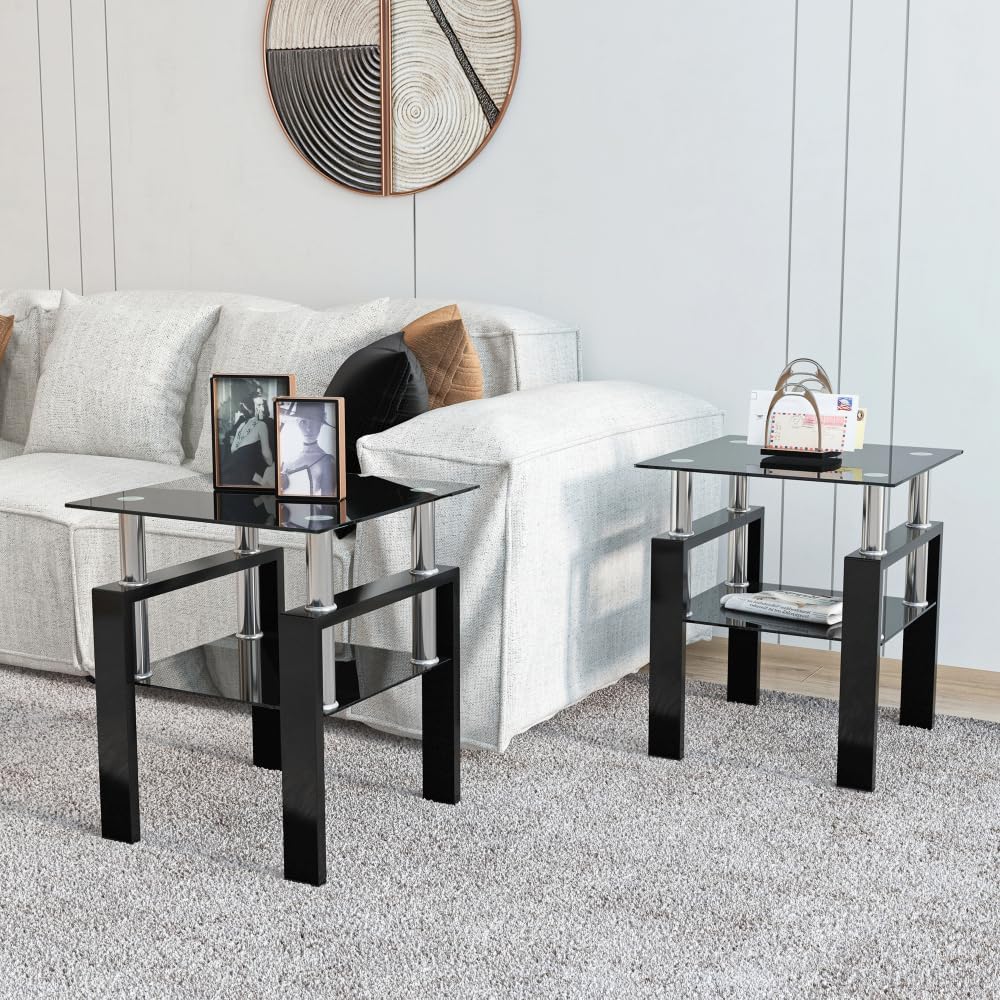 Set of 2, Modern Tempered Glass Tea Table Coffee Table End Table, Square Tabl...