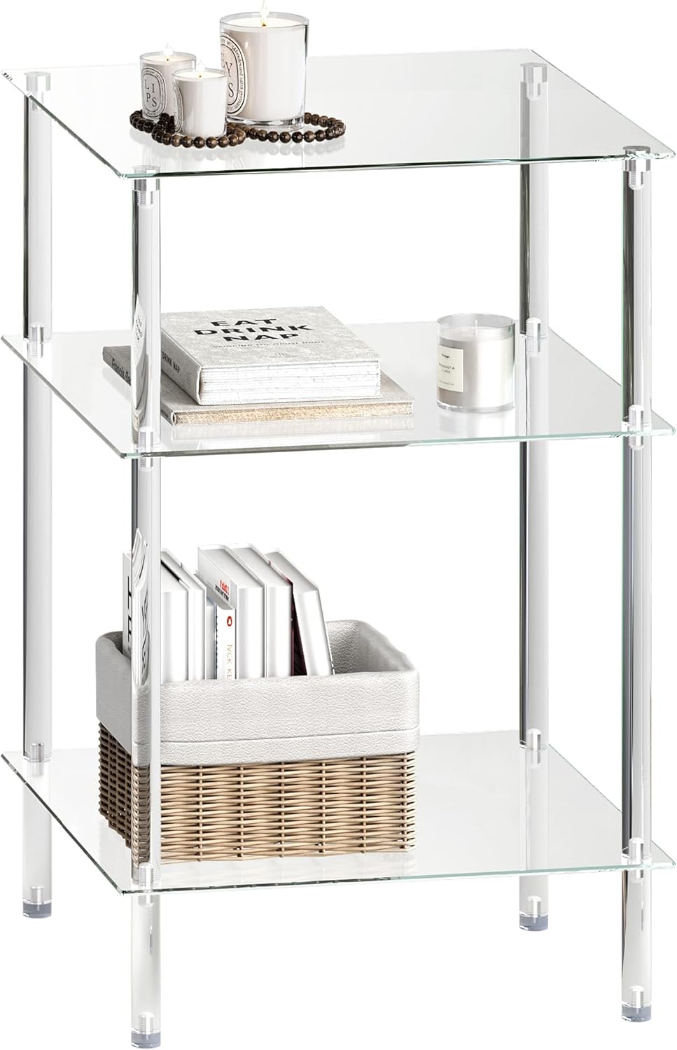 Tempered Glass Side Table, Acrylic End Table, 3-Tier Transparent Nightstand, ...
