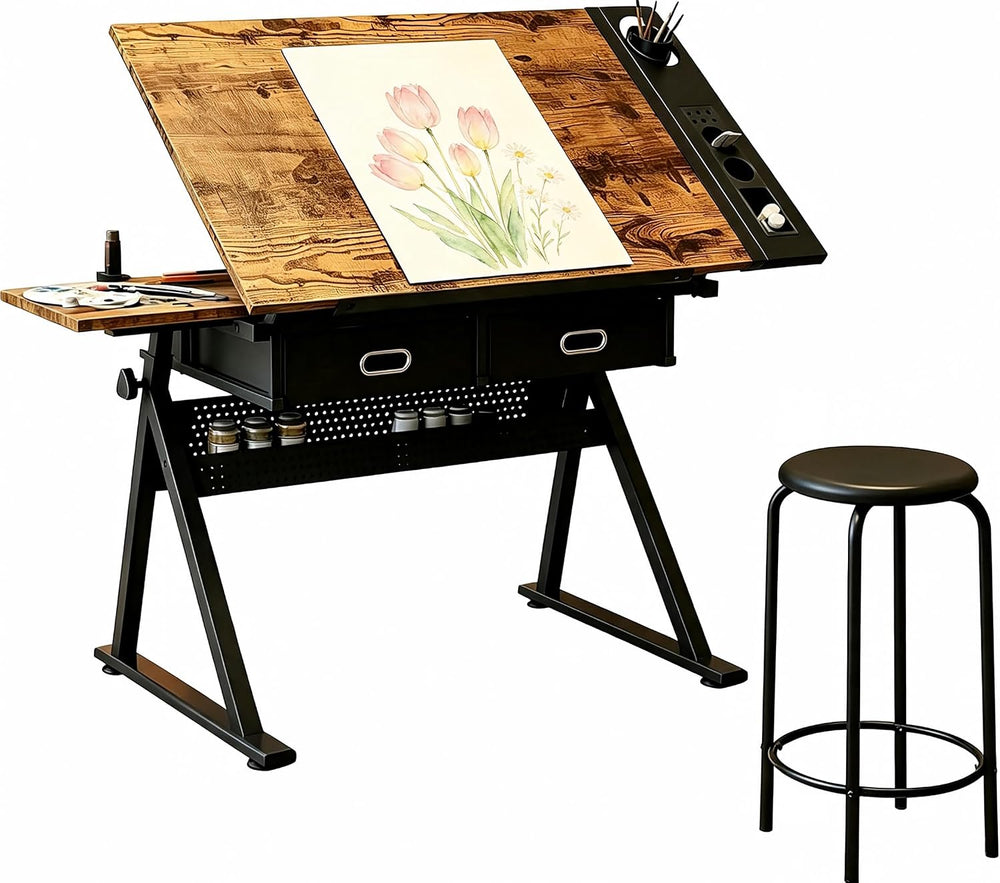 Industrial Minimalist Drafting Desk with Stool | Adjustable Tilting Artist Ta...