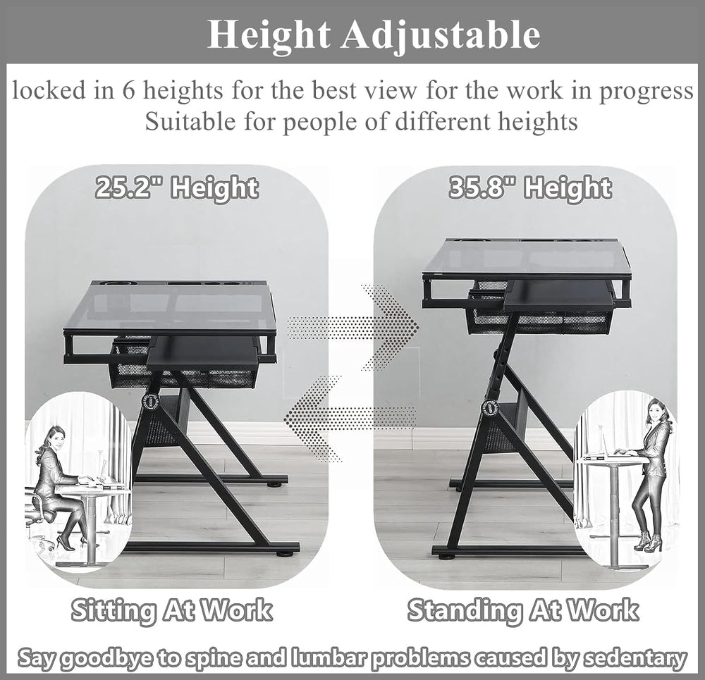 Drafting Table for Artists, Height Adjustable Glass Drawing Table with Stool,...