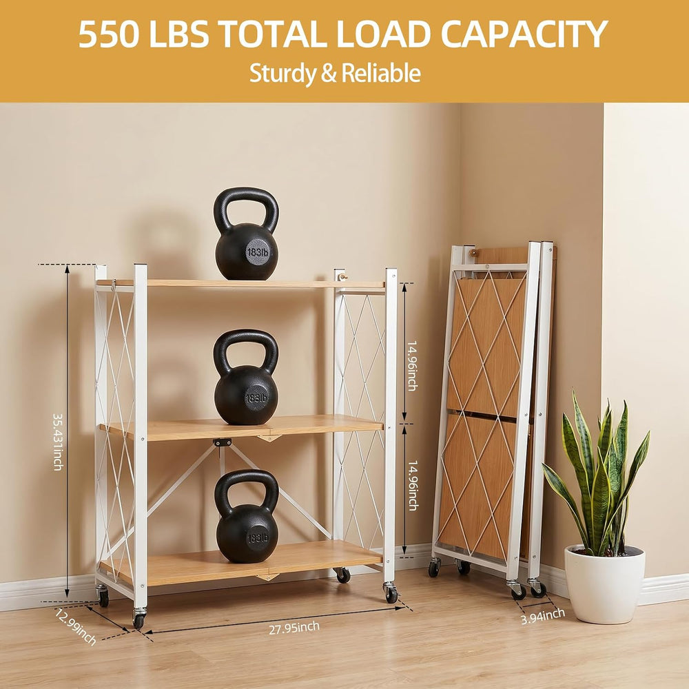 3-Tier Folding Storage Shelves with Wheels – No Assembly, Heavy Duty Collapsi...